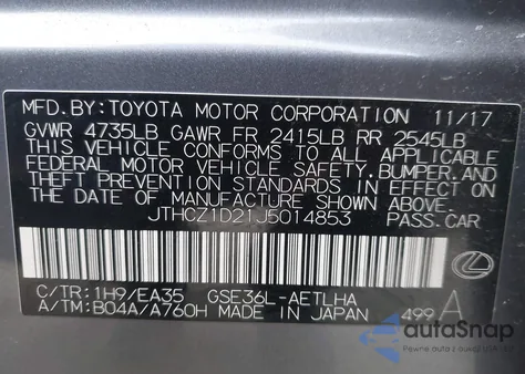 2018 Lexus Is 350 из США, поврежденный, VIN JTHCZ1D21J5014853
